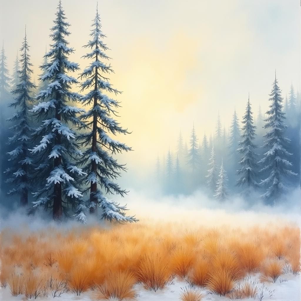 Misty Meadow in Snowy Pine Woods: Impasto Gouache Painting
