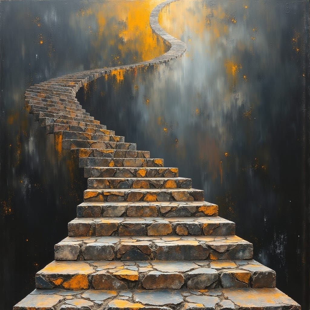 Surreal Stairs Ascend into Dark Oil Painted Realm