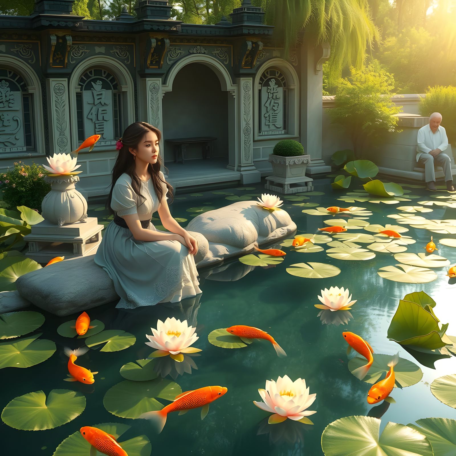 Serene Water Garden with Vibrant Lotus Blooms