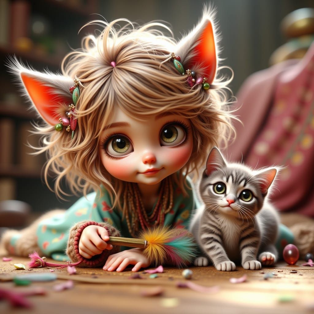 Child and Cat Play with Feather Toy