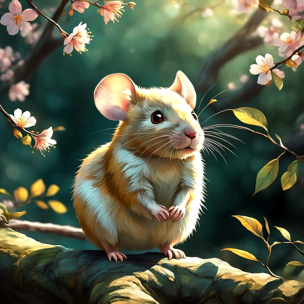 Mouse in Cherry Blossoms: Impressionistic Digital Painting