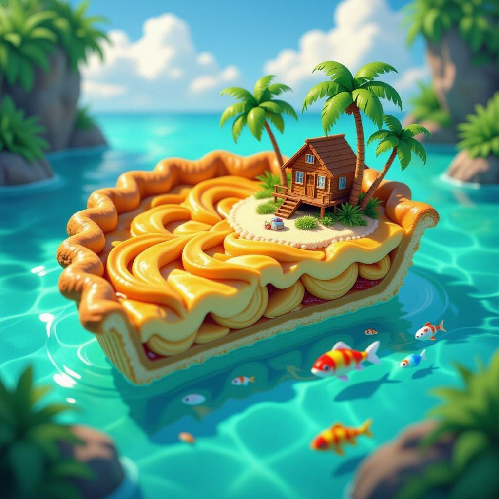 Tropical Island Pie Slice in Animation Style