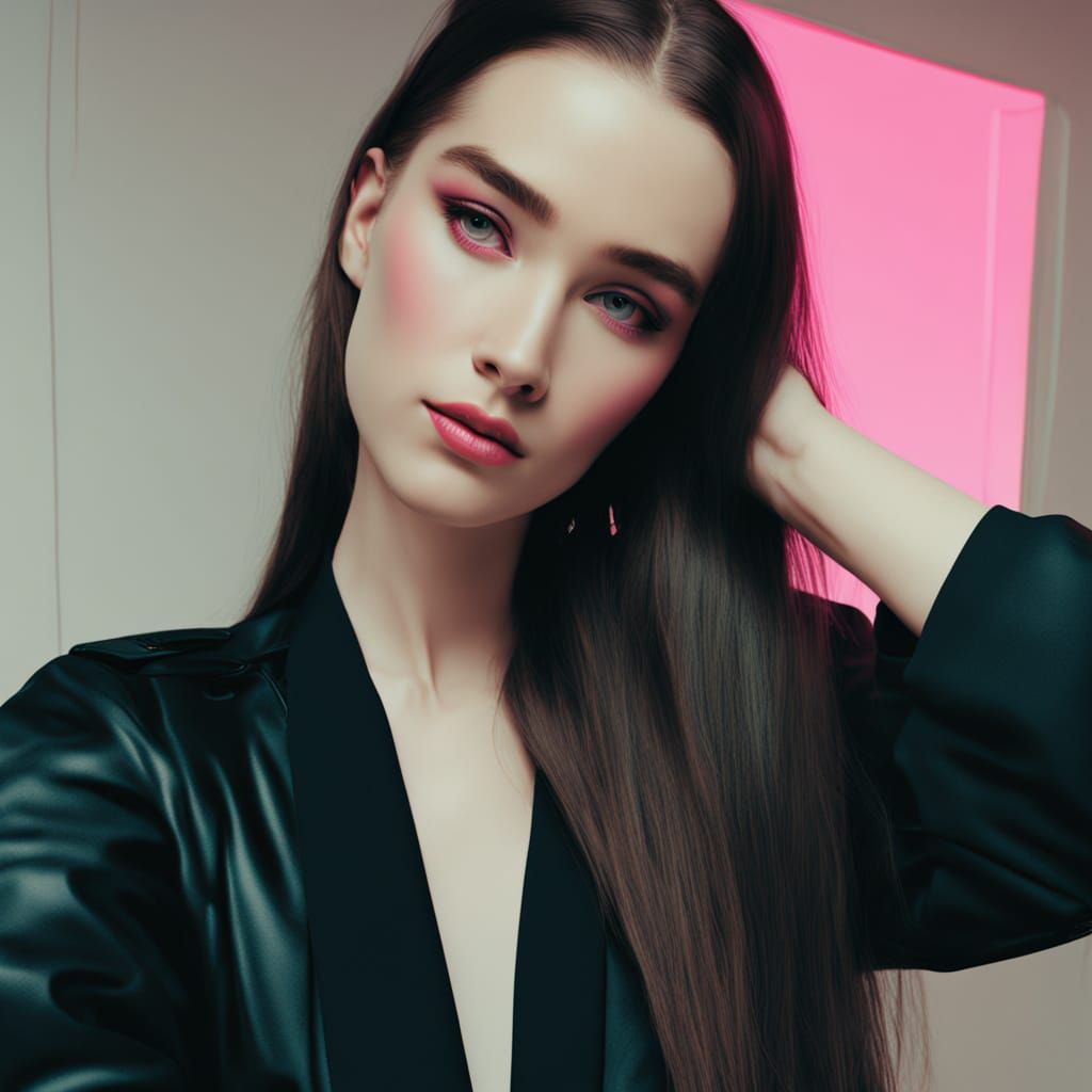 Vibrant Retro Girl Posing in a Pixelated Palm Tree Landscape