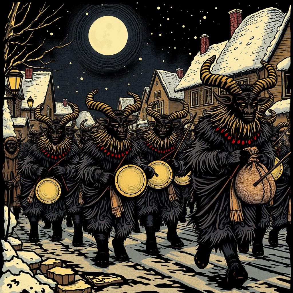 Krampusnacht Woodcut: Mystical Winter Parade with Horned Fig...