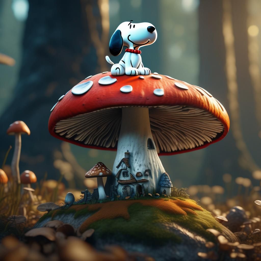 Snoopy's Mushroom Perch in Detailed Fantasy Art