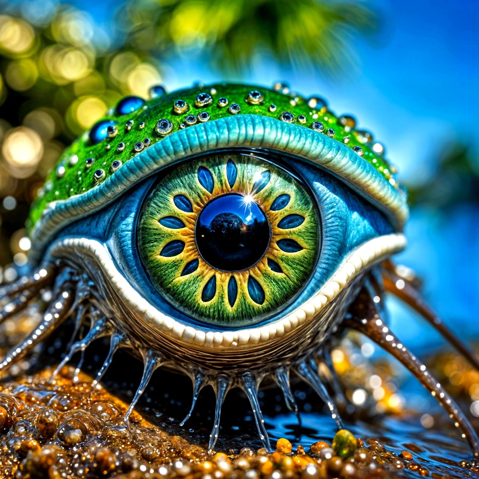 Photorealistic Eye Creature in a Water Splash Scene