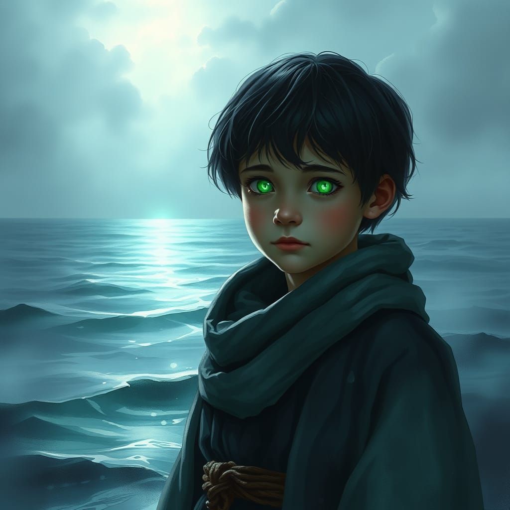 Boy with Emerald Eyes at Ocean's Edge