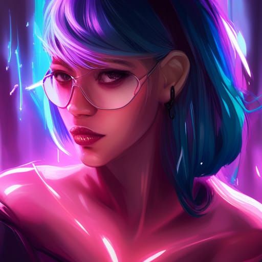 Blue-Haired Woman in Cyberpunk Neon Portrait