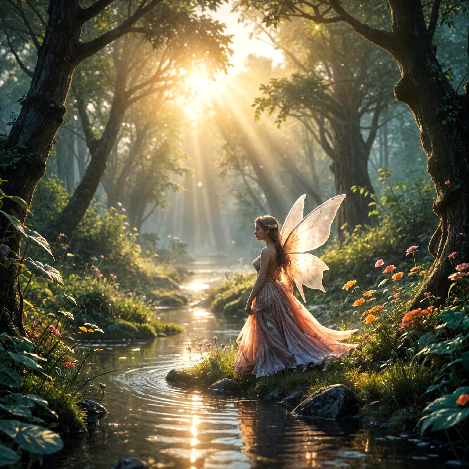 Fairy Queen Awakens in Misty Dawn Forest Glade