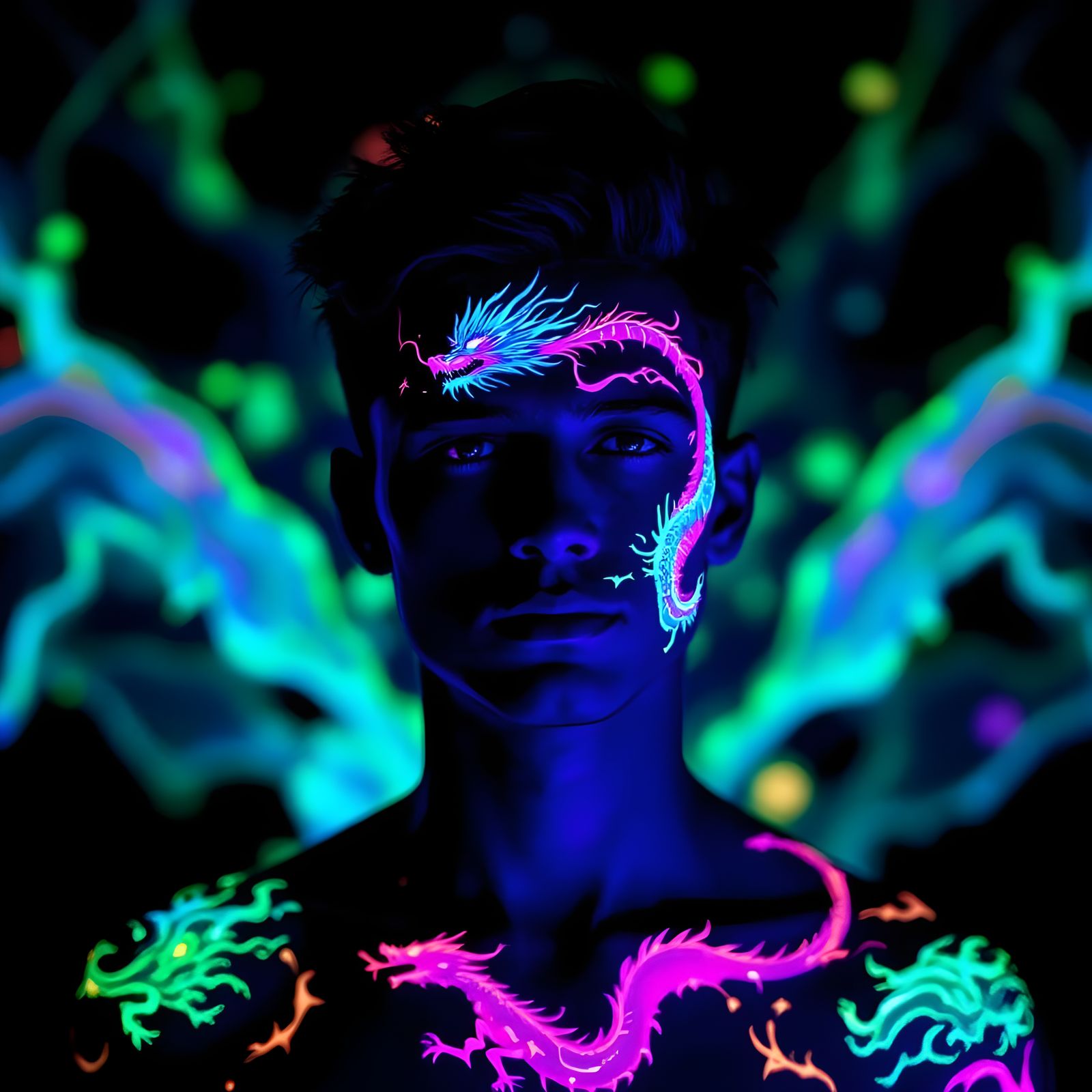 Ultraviolet Dragon: Fluorescence Portrait in Electric Colors
