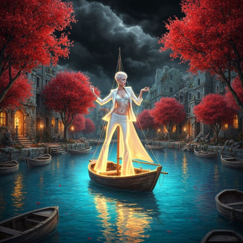 Woman Dancing on Golden Sailboat: Impressionist Oil Painting