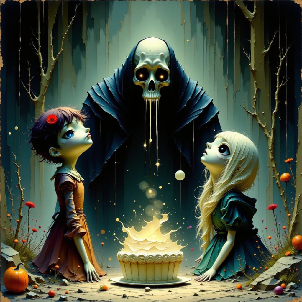Grim Reaper Offers Cake or Death in Gothic Comic Style
