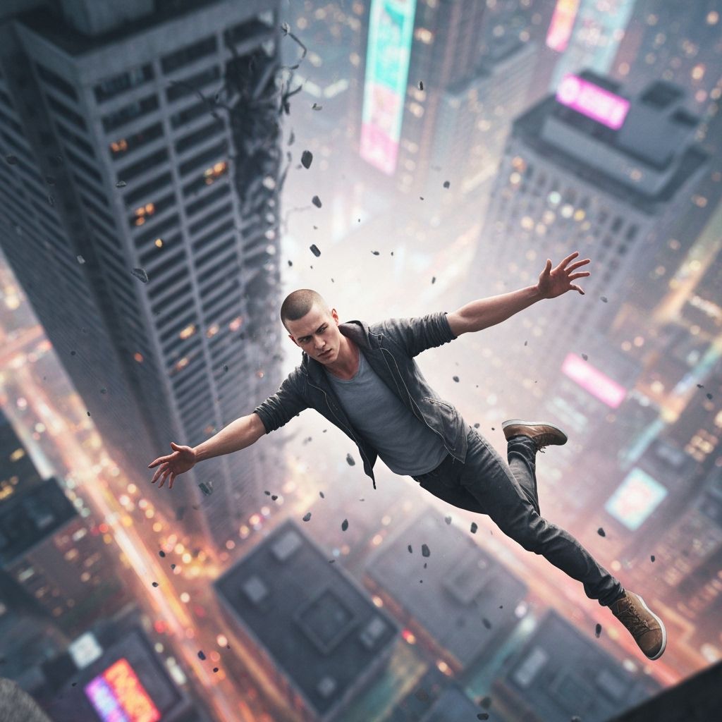 Person Falling Through Collapsing Cityscape in Dramatic Styl...