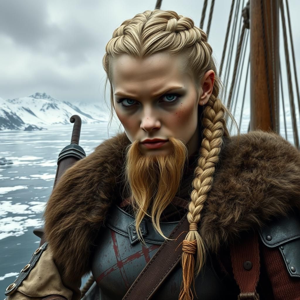 Fierce Viking Warrior on Longship, Dark Fantasy Style