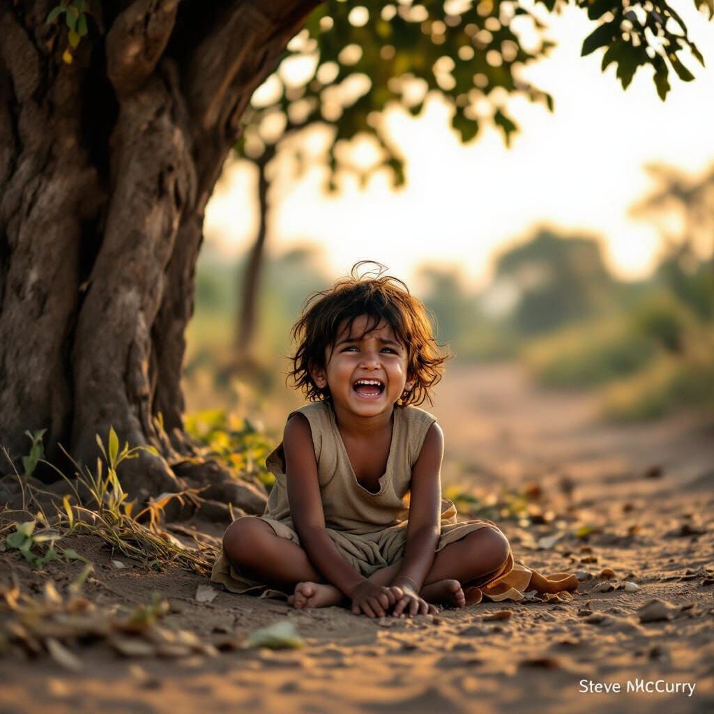 Indian Village Child Cries Under Tree in Golden Hour Light