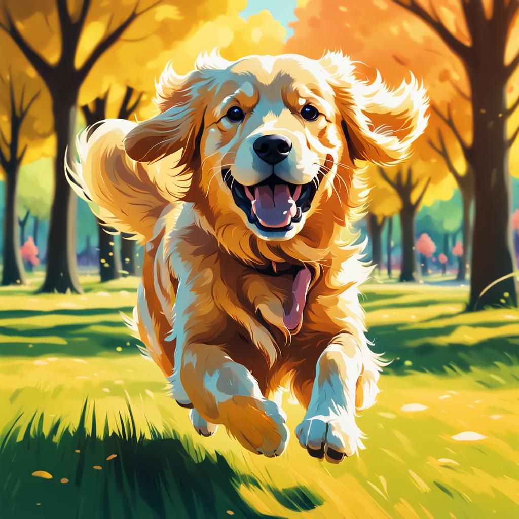 Golden Retriever Running in Anime Style