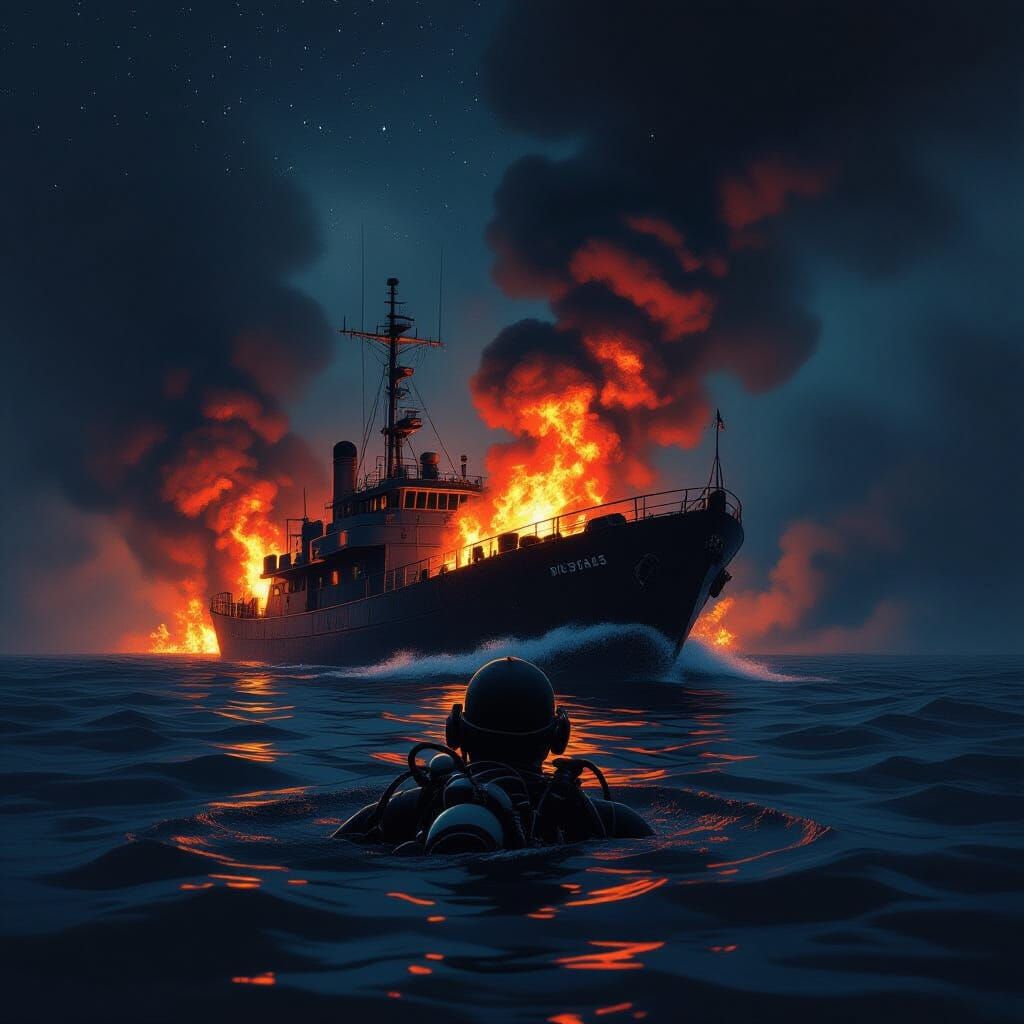 Diver Witnesses Burning War Boat in Dark Fantasy Style