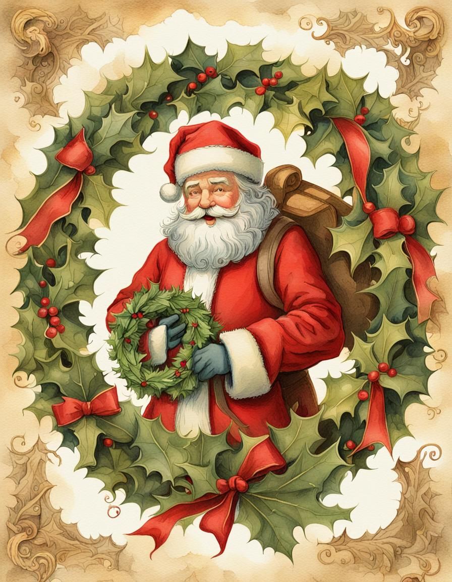 Whimsical Christmas Illustration with Santa Claus by a John...