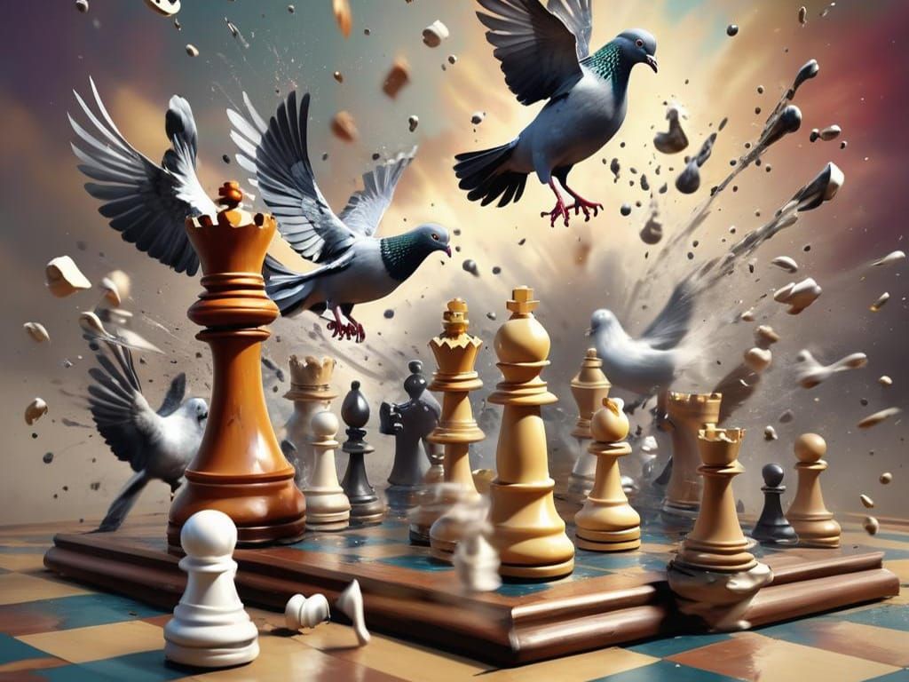 Chessboard Chaos: Pigeon's Victory in Splash Art Style