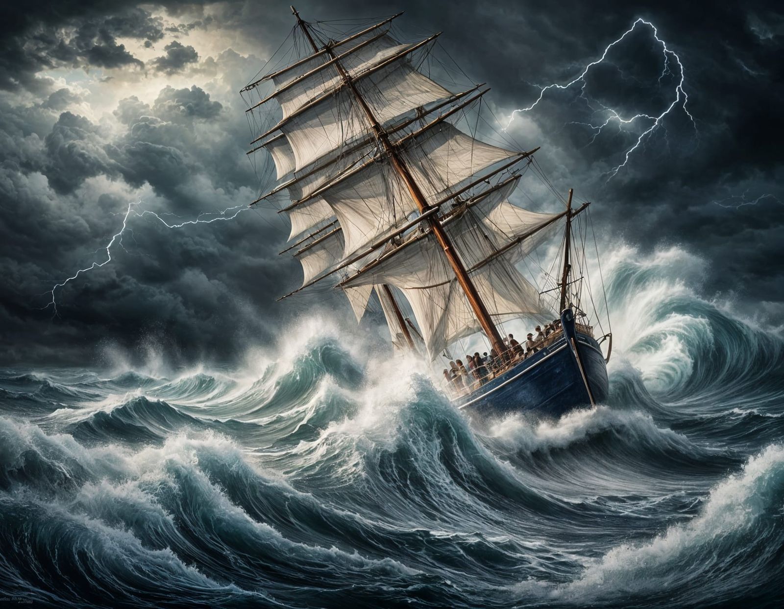 Sailing Boat in Stormy Seas: High Waves and Thunder
