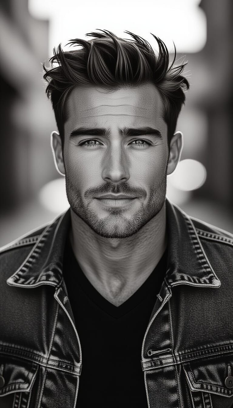 Handsome Young Man in Dramatic Black and White Portrait