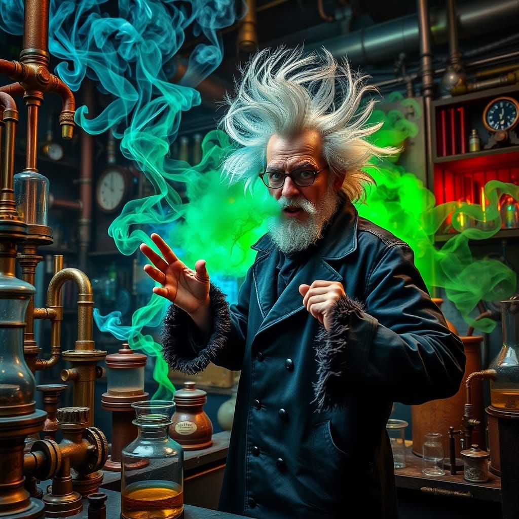 Mad Scientist in Steampunk Laboratory