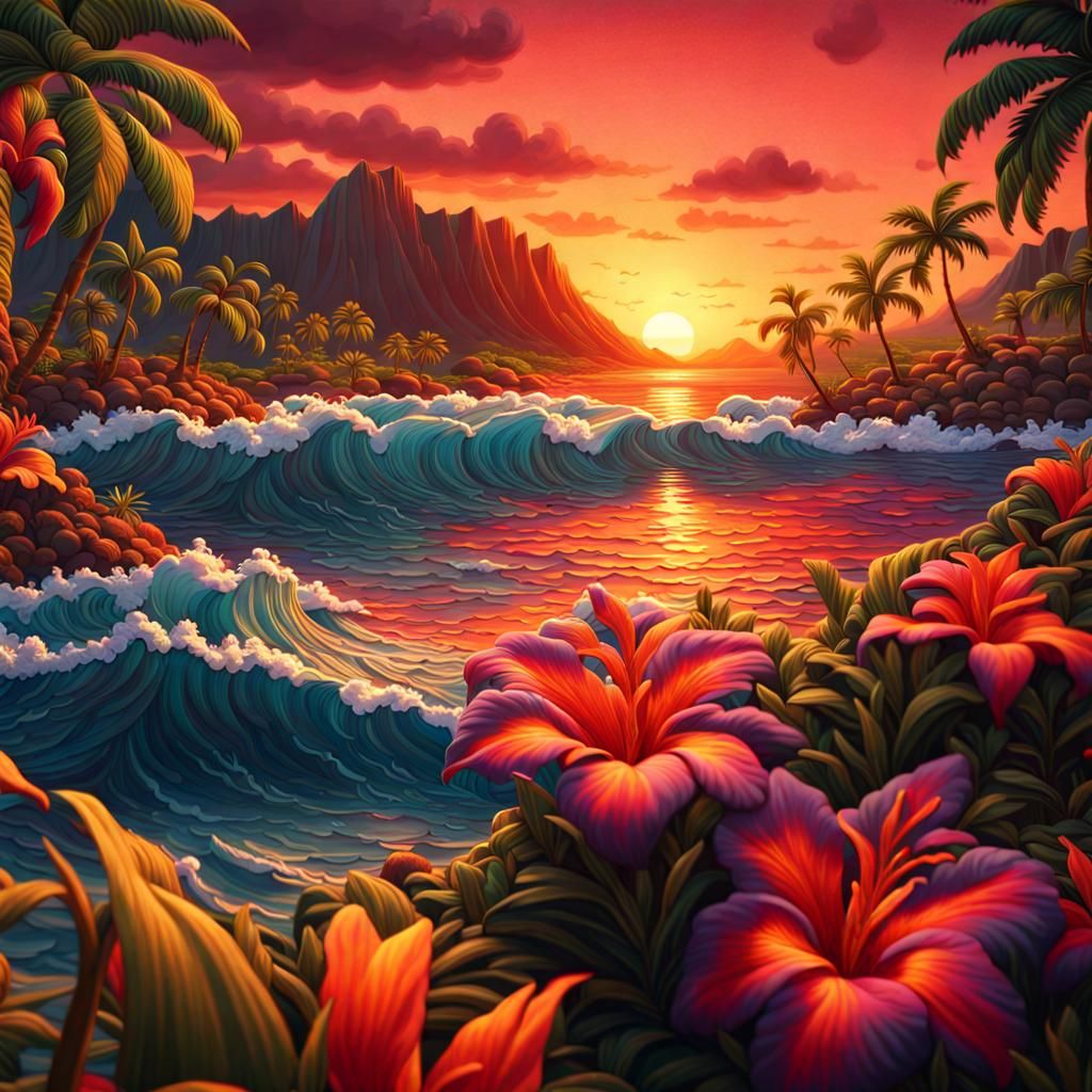 Embroidered Hawaiian Sunset with Tropical Flowers