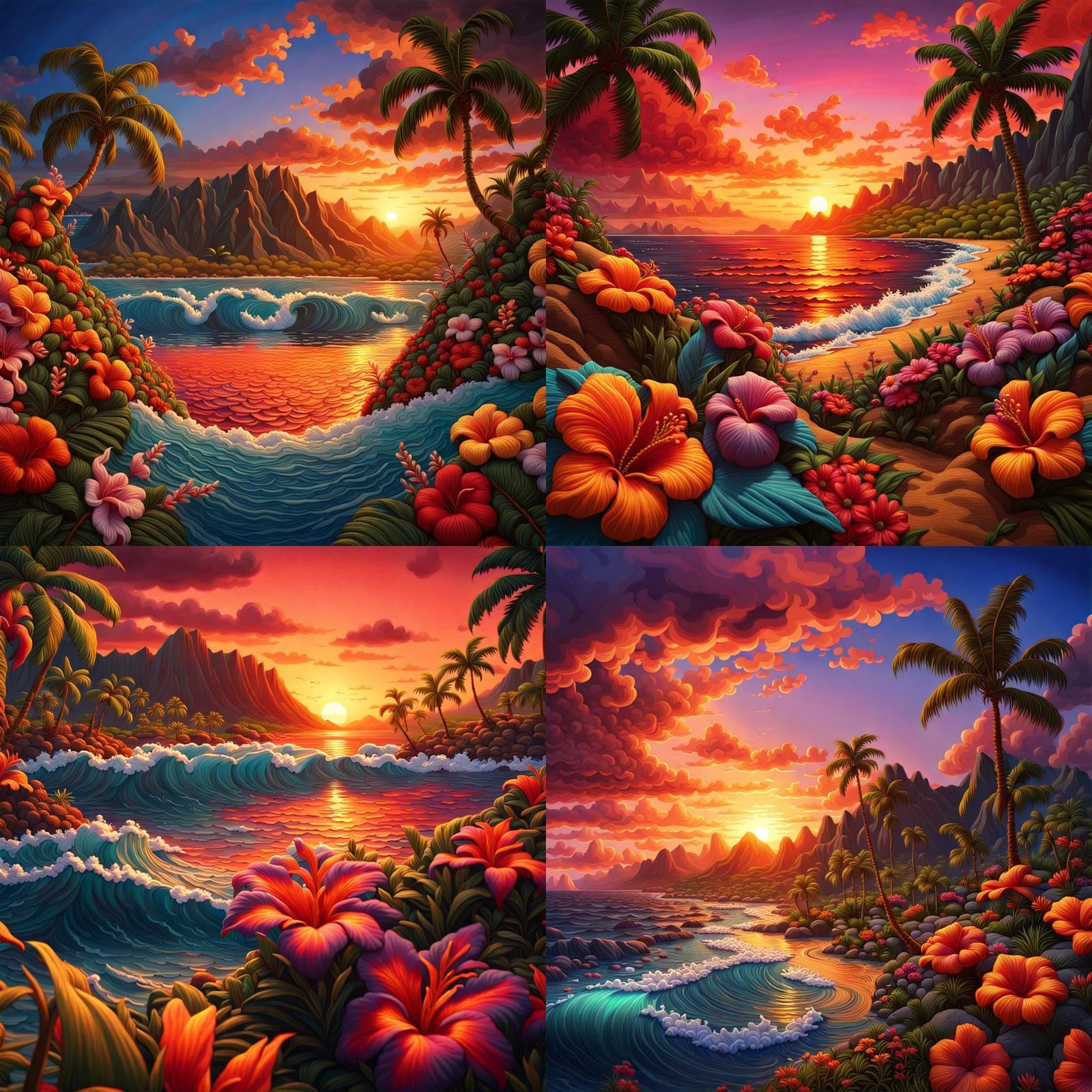 Embroidered Hawaiian Sunset Scene with Tropical Flowers