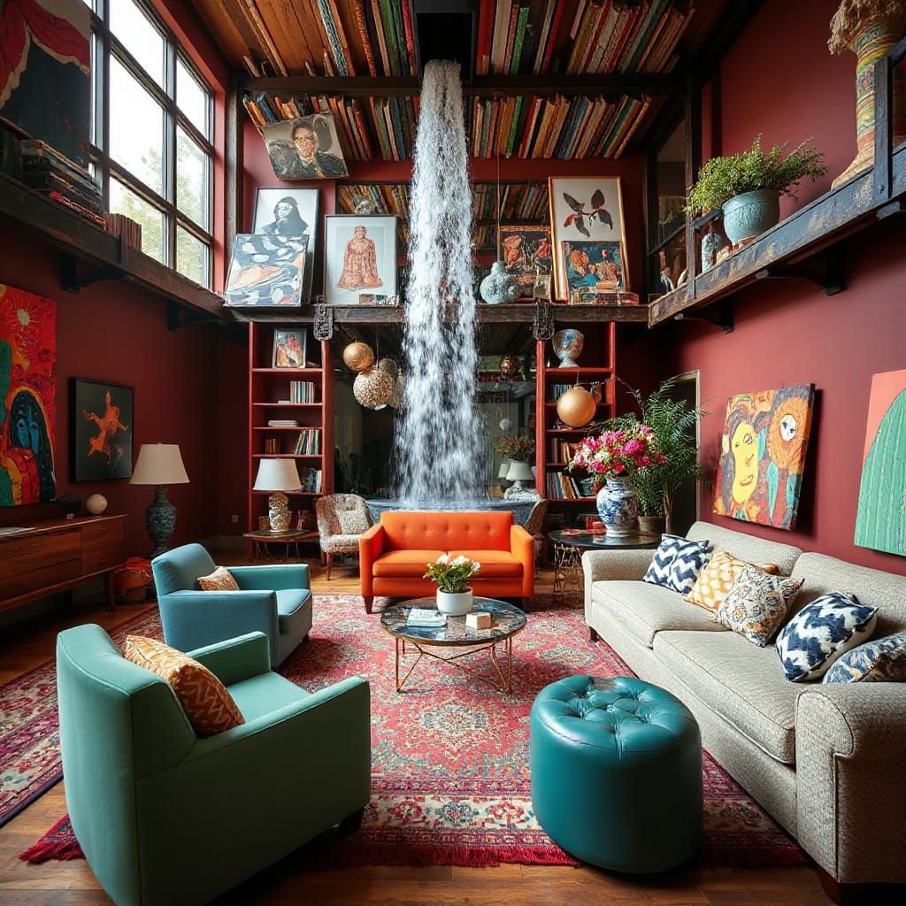 Whimsical Waterfall Den in Pop Surrealist Style