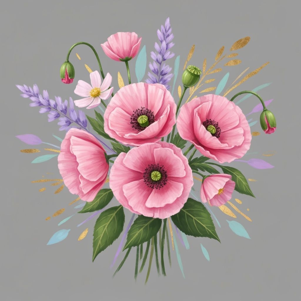 Pink Poppies and Wildflowers Bouquet: Digital Painting