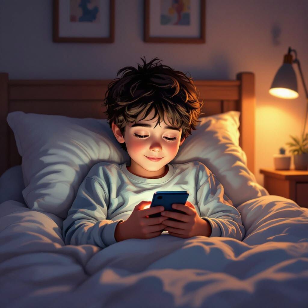 Boy Chatting on Phone in Cozy Bedroom at Night