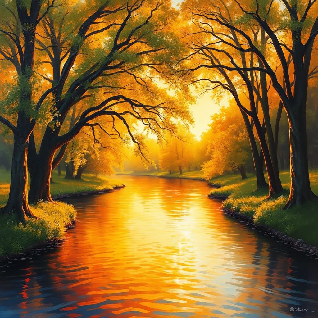 Sunset River Scene in Impressionist Style
