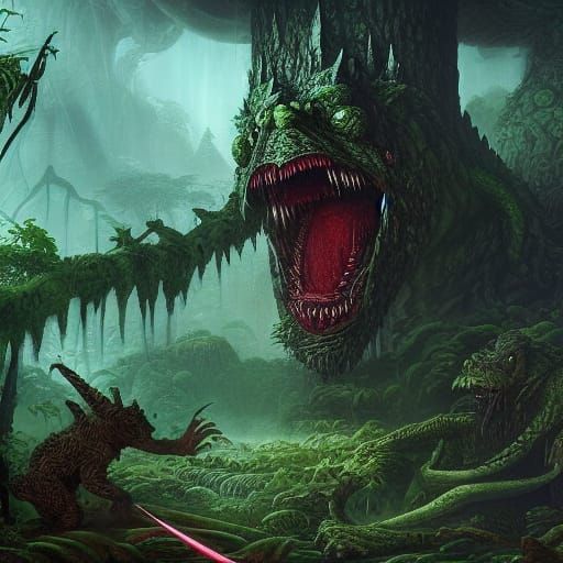 Knight Stabs Monster in Jungle, Detailed Matte Painting