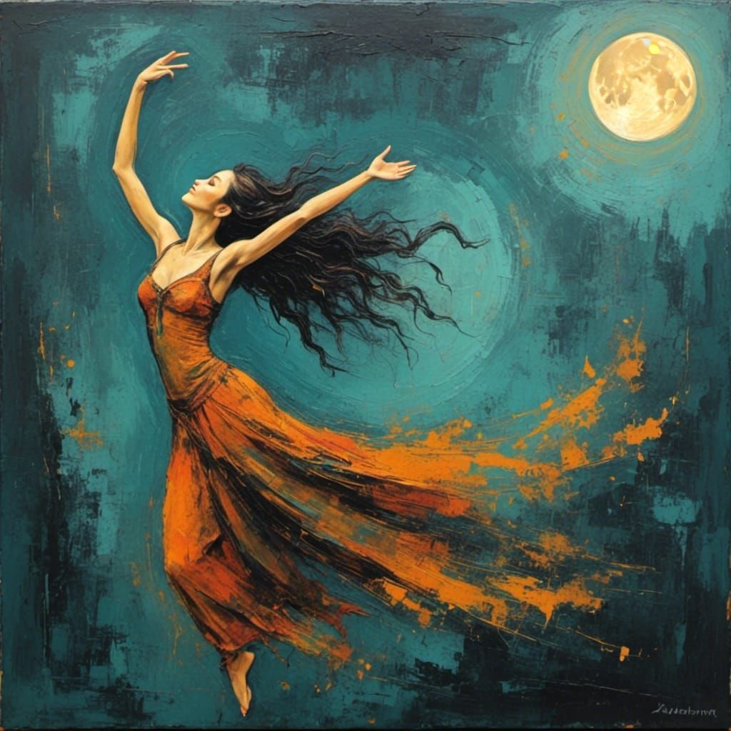 Abstract Dancer Holds Moon: Oil and Chalk Painting