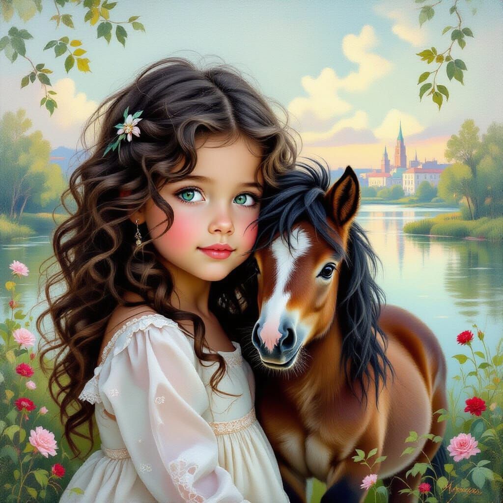 Girl with Pony in Soft Autumn Landscape