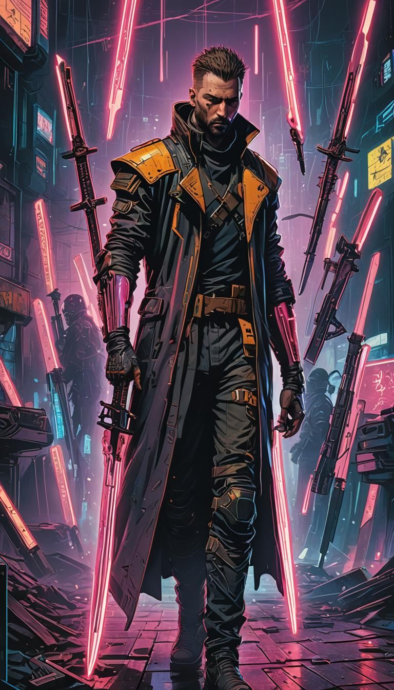 Seven of Swords Tarot Card in Cyberpunk Style