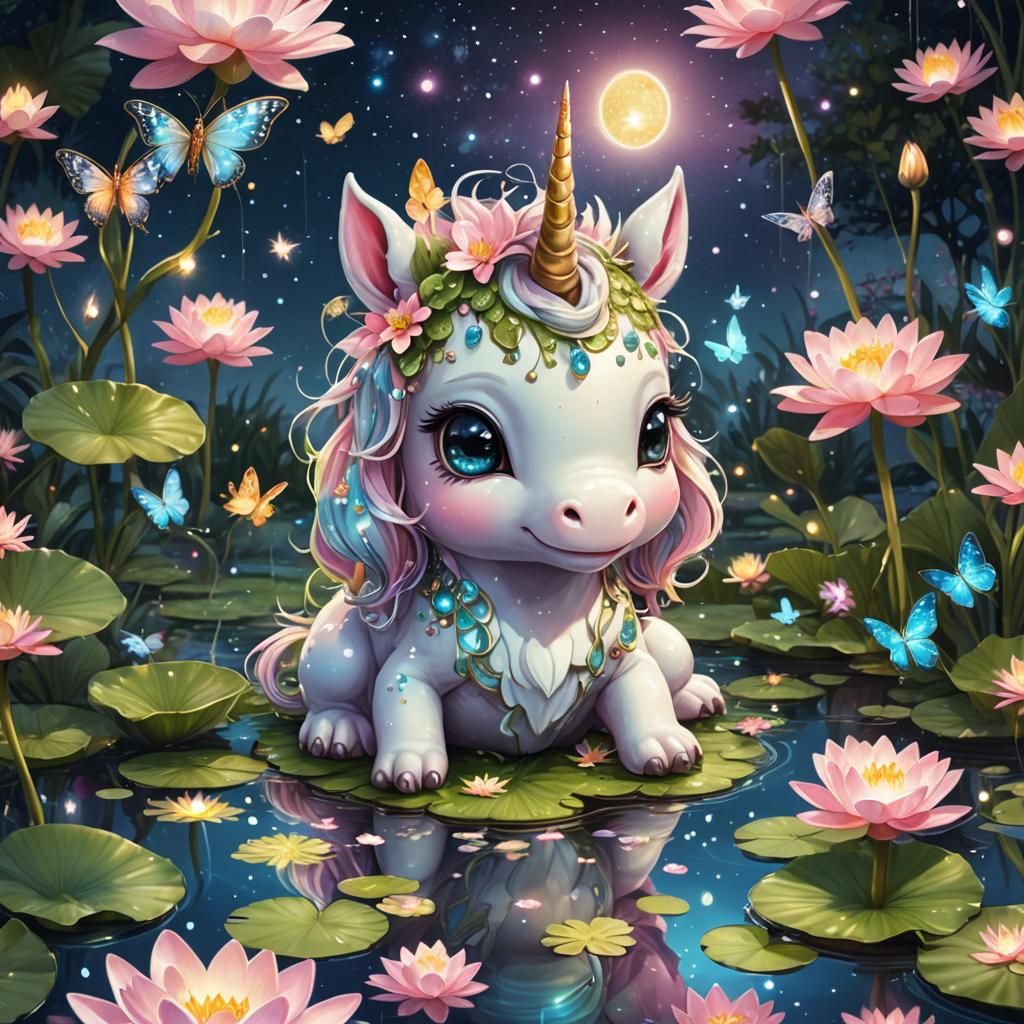 Chibi Unicorn with Butterflies in Fairy Garden
