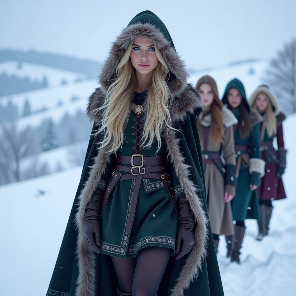 Medieval Girl in Fur Cloak Amidst Snowy Hills