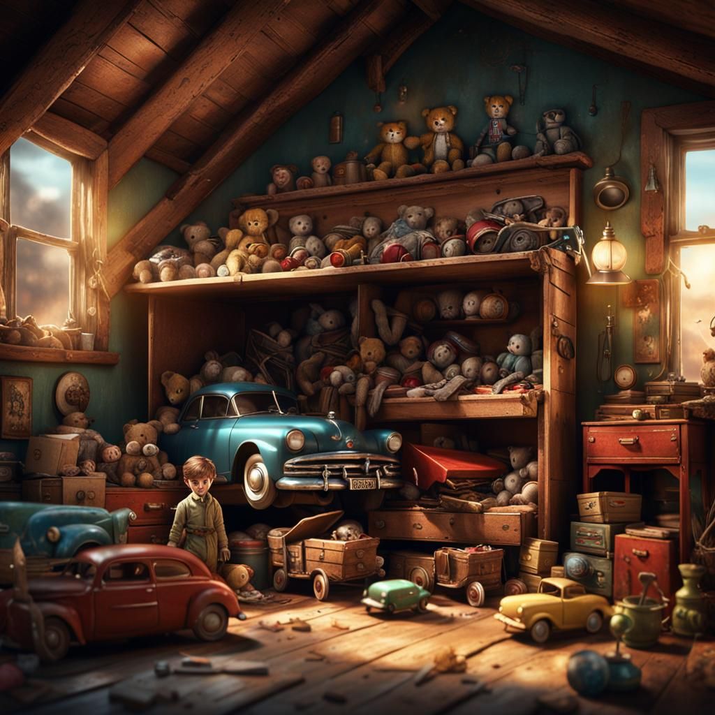 Nostalgic Attic Finds: A Matte Painting of Childhood Toys