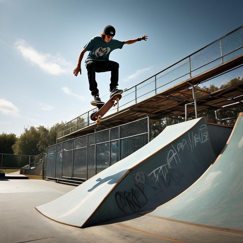 Skateboarder Mid-Air Spin: Realistic Action Shot