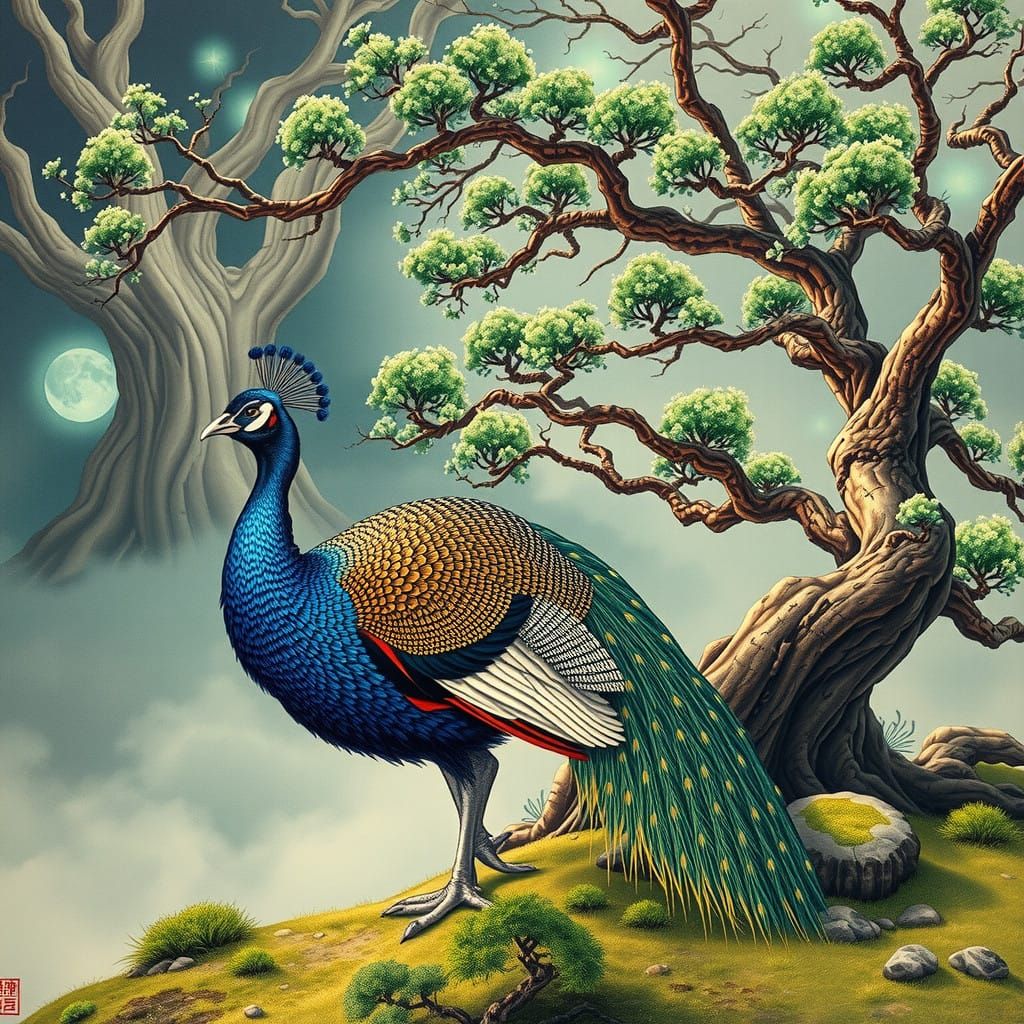 Regal Bismuth Peafowl in Cosmic Ukiyo-e Style