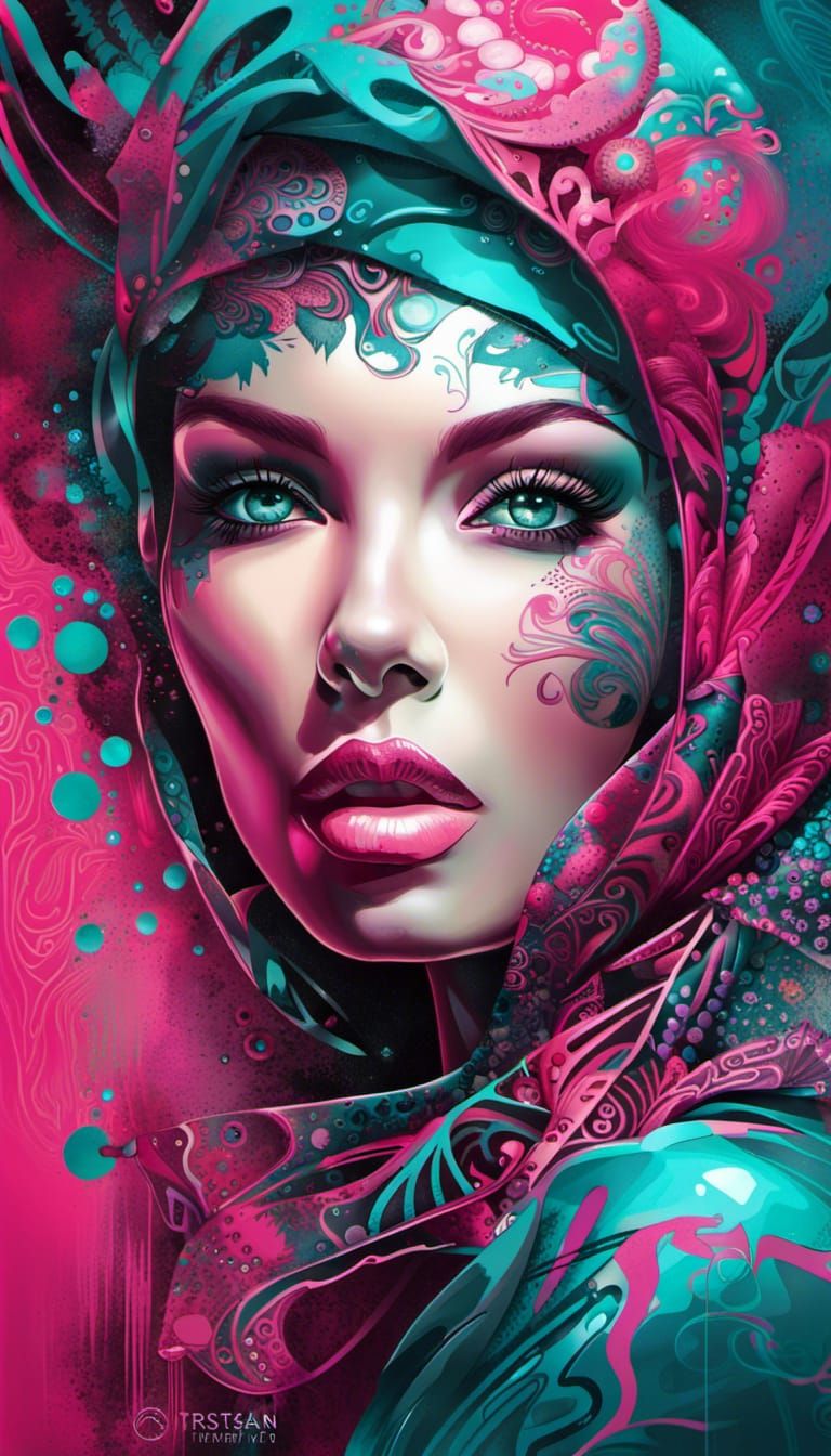 Intricate Pink & Teal Lady in Stencil Style