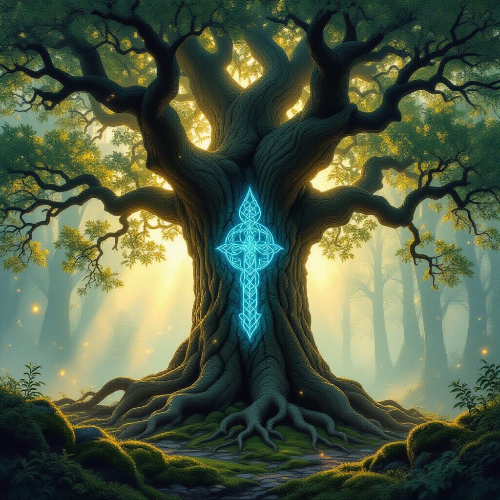 Majestic Ancient Oak Tree with Glowing Runes in Misty Forest
