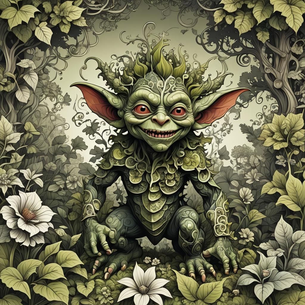 Goblin in Garden with Abstract Fractal Elements