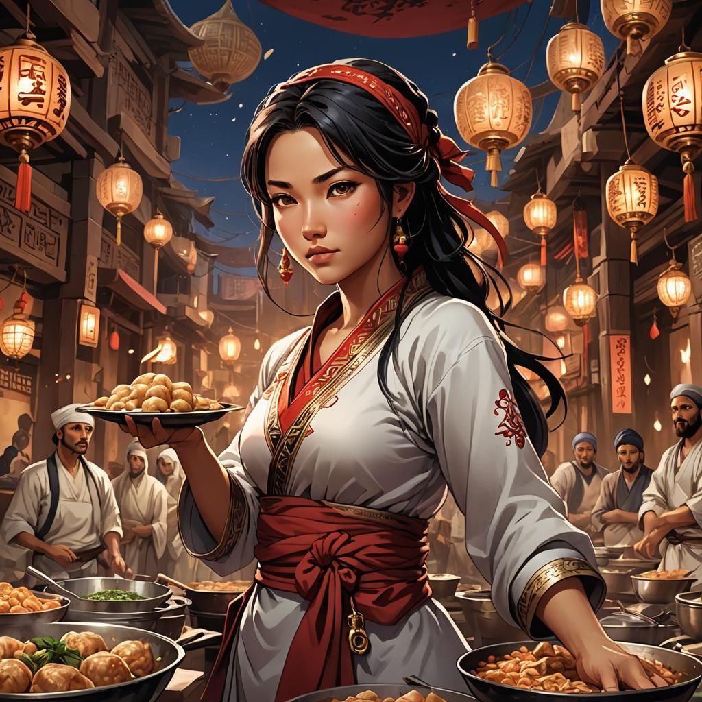 Manga-Style Dumpling Chef in Arabian Nights Setting
