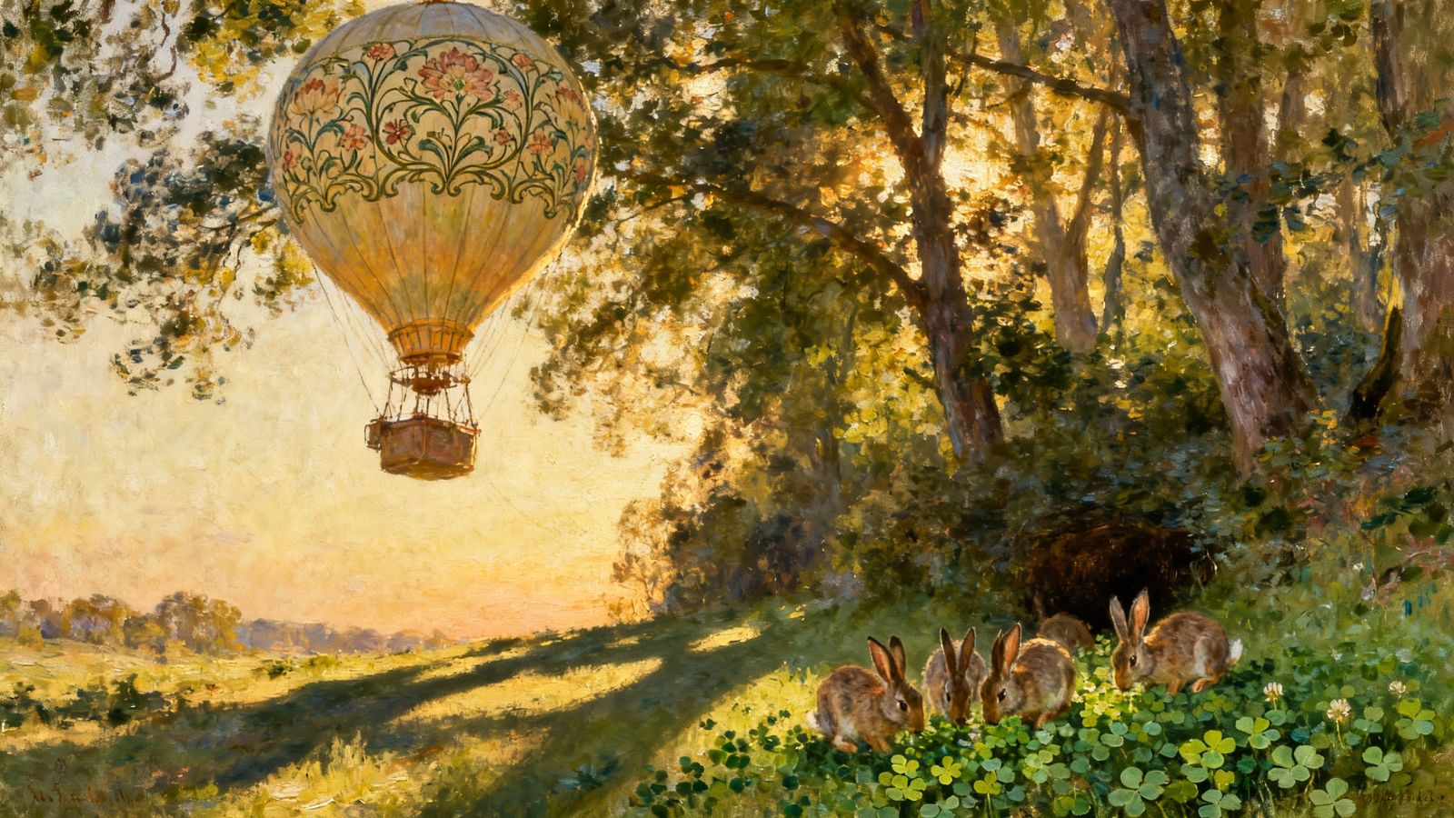 Vintage Hot Air Balloon Over Forest Canopy in Monet Style