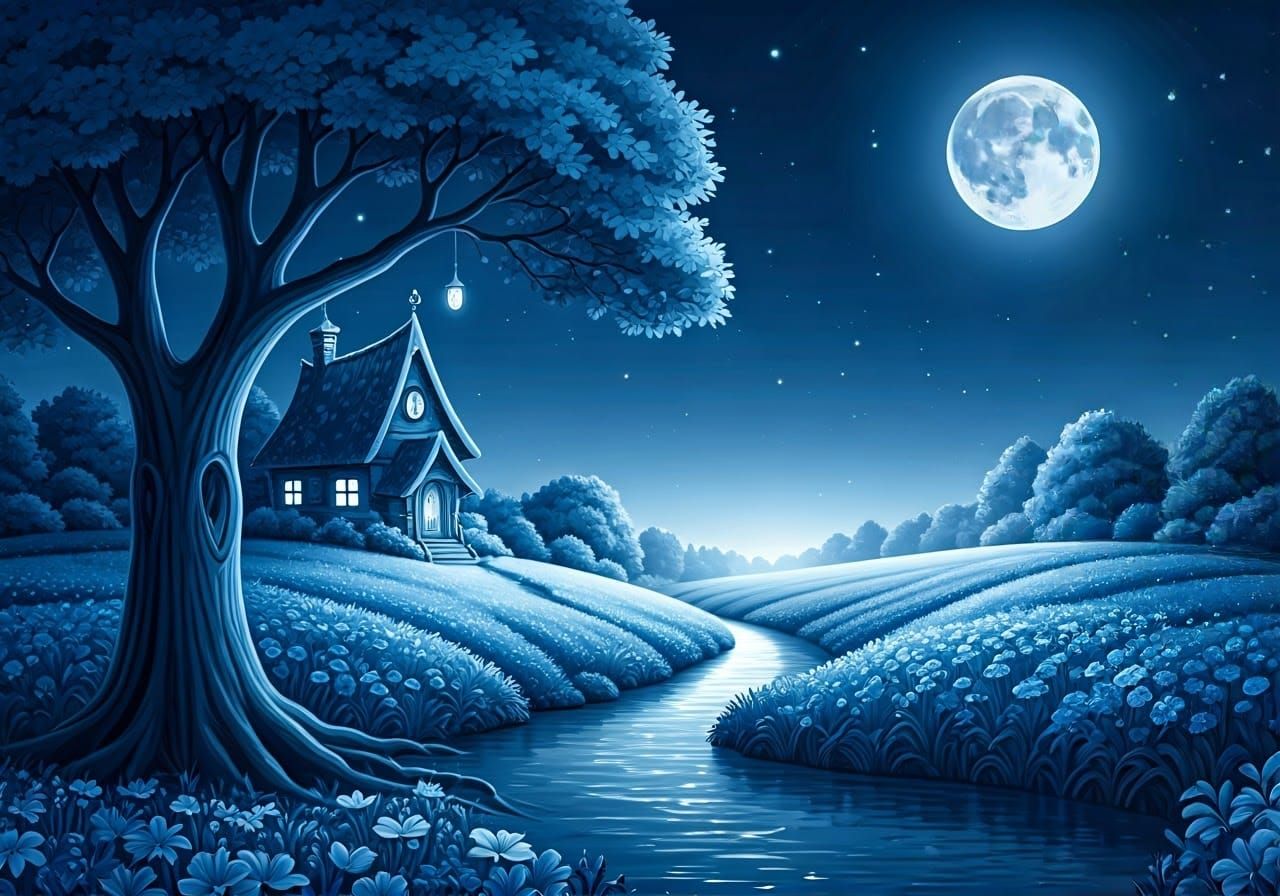 Blue Fairy Tale Illustration with Luminous Glow