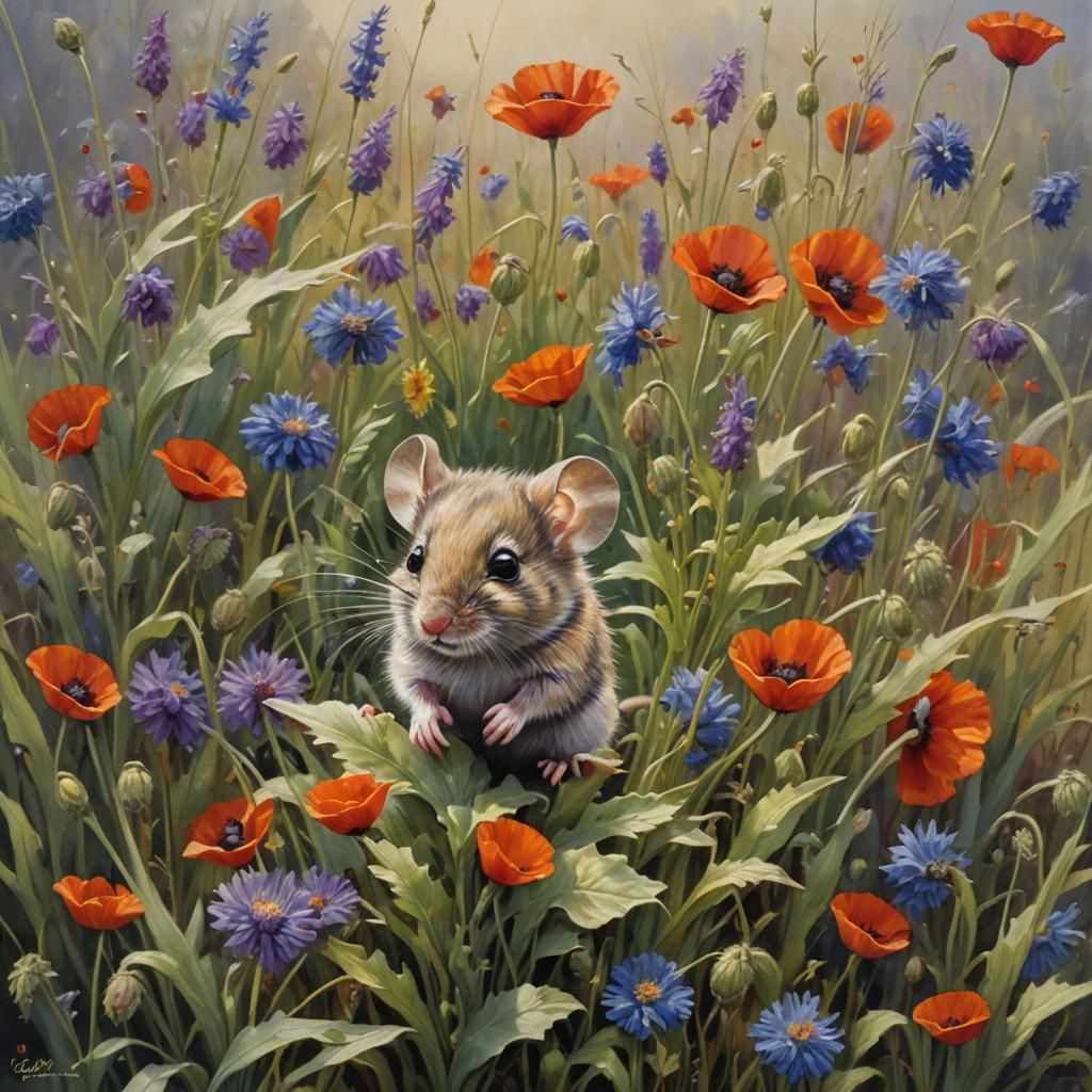 Mouse in Flower Field, Oil Painting by Gurney