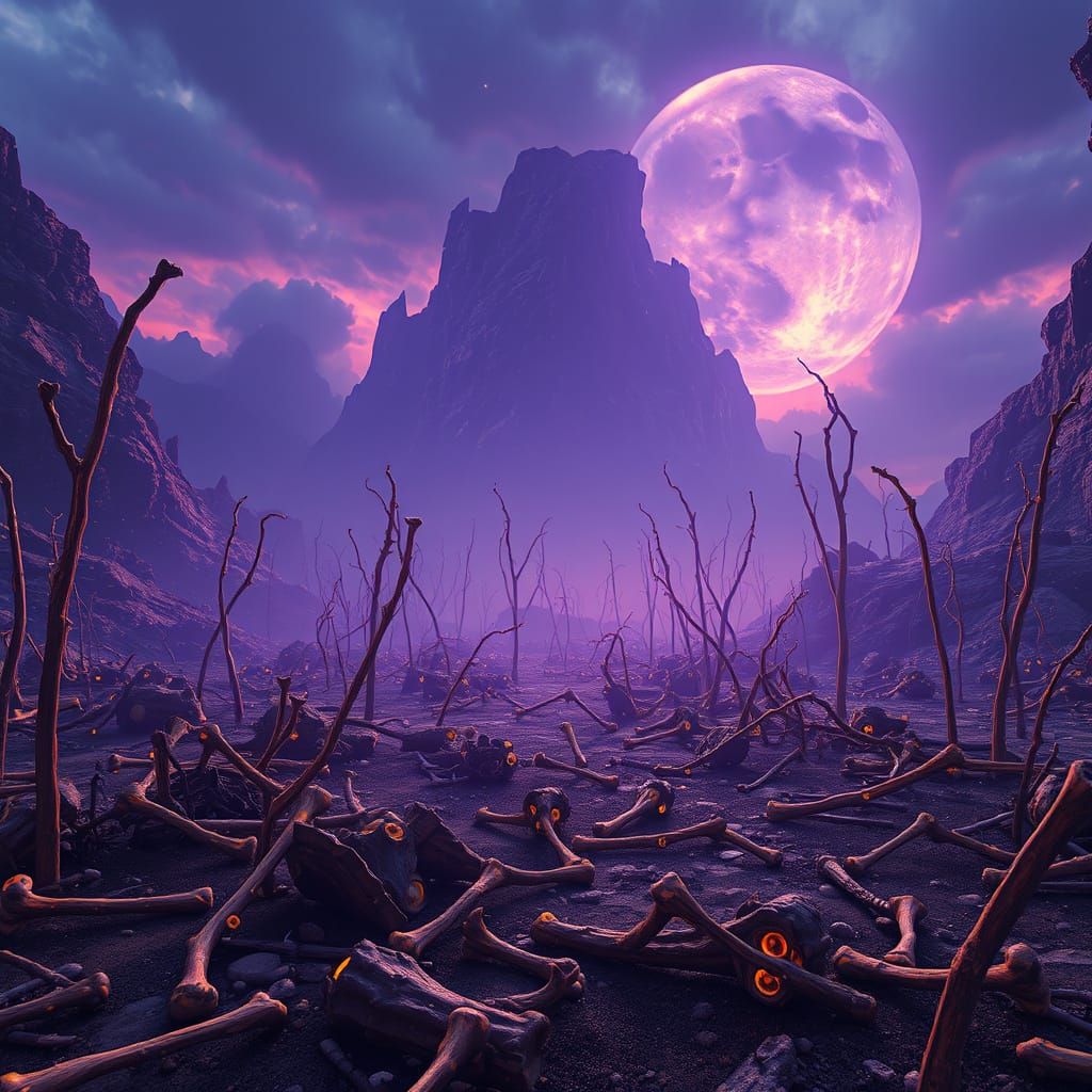 Dark Fantasy Landscape with Dry Bones in a Desolate Valley
