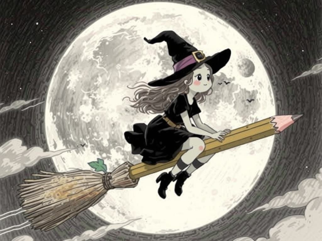 Cute Witch Flies Moonlit Sky on Pencil